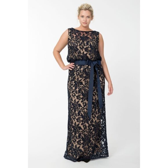 NWT TADASHI SHOJI Embroidered Lace Blouson Gown in Navy Nude Maxi Dress 4 - Picture 9 of 10